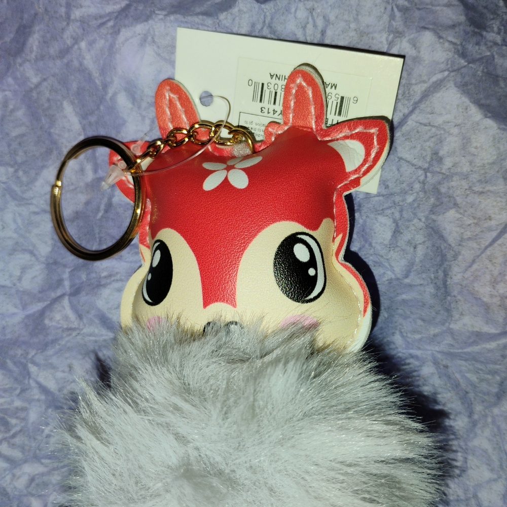 Source Unknown Red & Cream Deer Pom Pom Keychain Card Holder